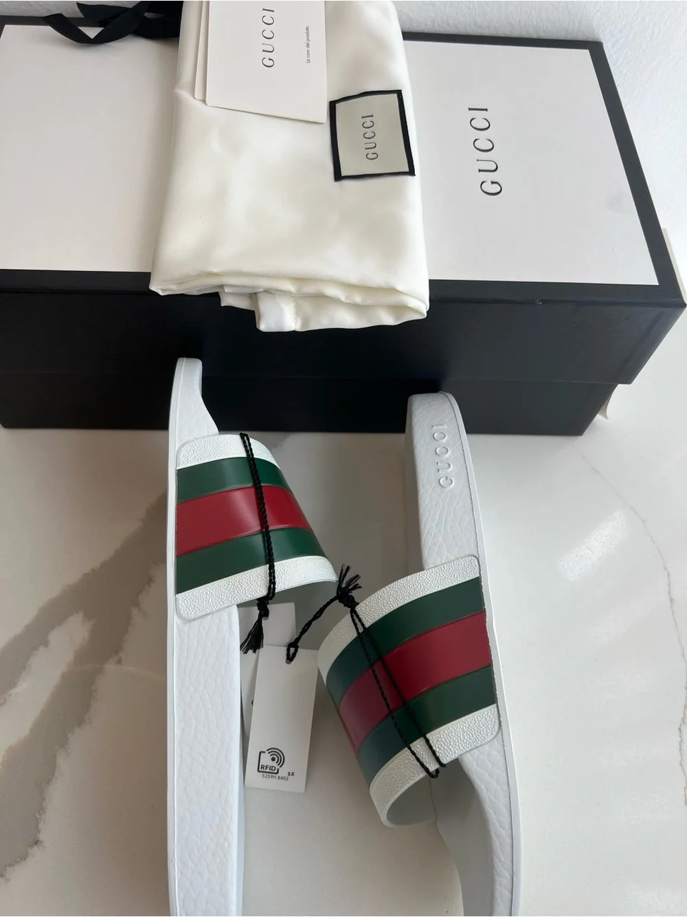 Gucci White Slides with Green & Red Stripes - Luxury Designer Style